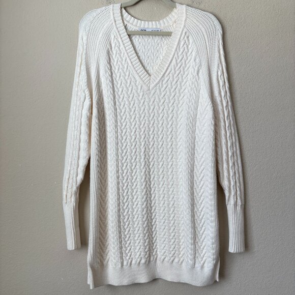 Zara Cable Knit Fisherman Longline Tunic V-Neck Long Sleeve Sweater Mini Dress - Picture 1 of 11